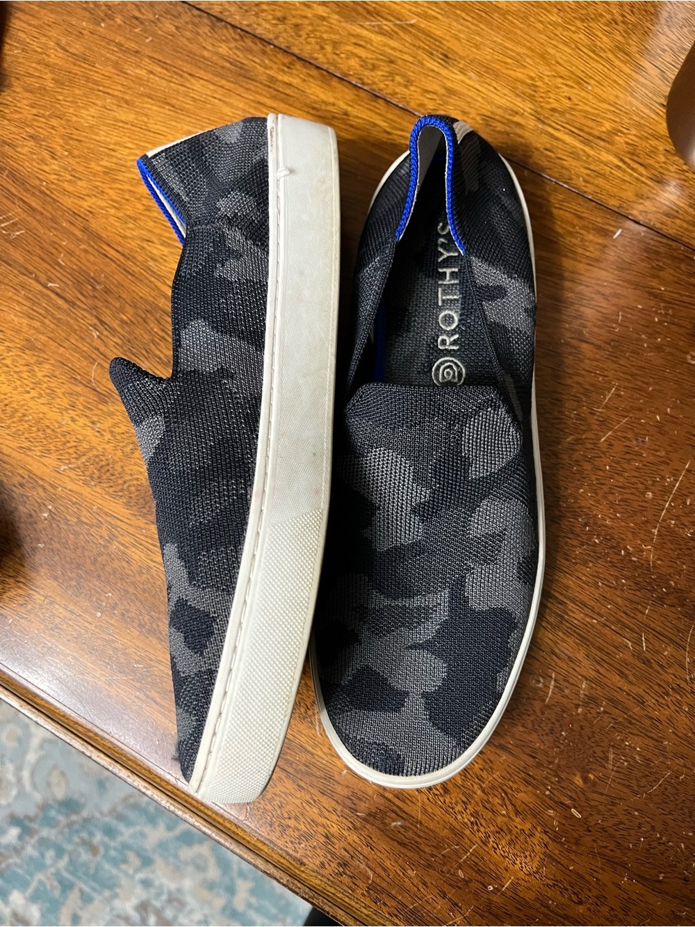Rothy's women's  Slip-On Knit Loafers in Black Camo with Blue Trim - Picture 4 of 4